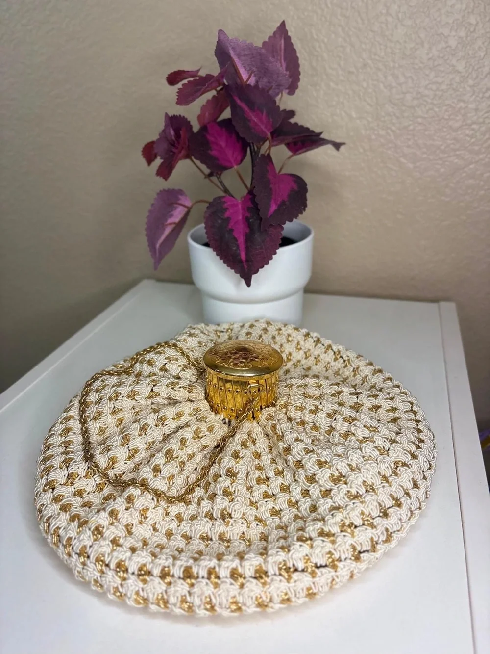 Vintage Made in Germany Gold White Cord Cage Top Handle Evening Bag